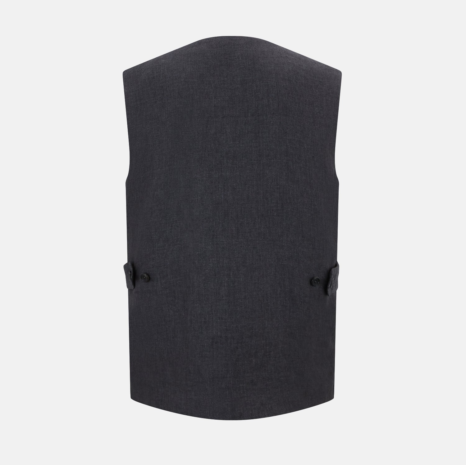 View 3 of product The Turnbull & Asser Ash Linen Twill Waistcoat is a dark gray, sleeveless V-neck with three front buttons, a chest pocket, and two diagonal zippered pockets in subtly textured twill. Shown on a plain white background.
