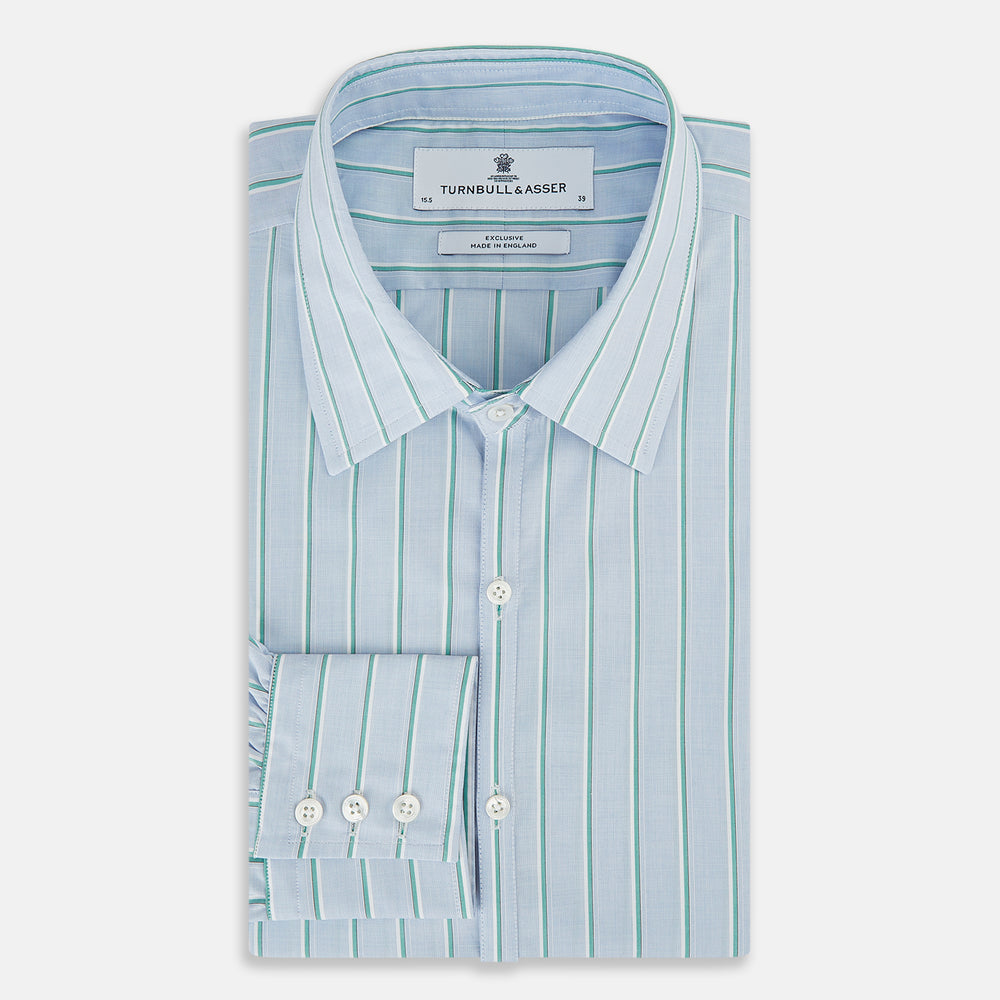 Blue and green multi-stripe Westminster shirt by Turnbull & Asser, featuring a pointed collar and buttoned cuffs—a refined example of British craftsmanship on a plain white background.