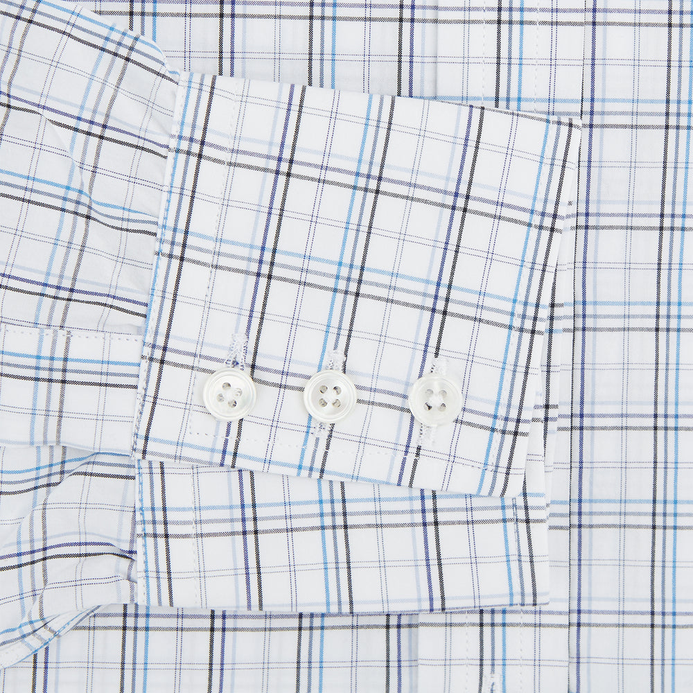The Turnbull & Asser Purple and Blue Multi Check Mayfair Shirt features long sleeves, a button-up front, and a classic T&A collar, with blue and light gray checks on white, displayed flat against a plain white background.