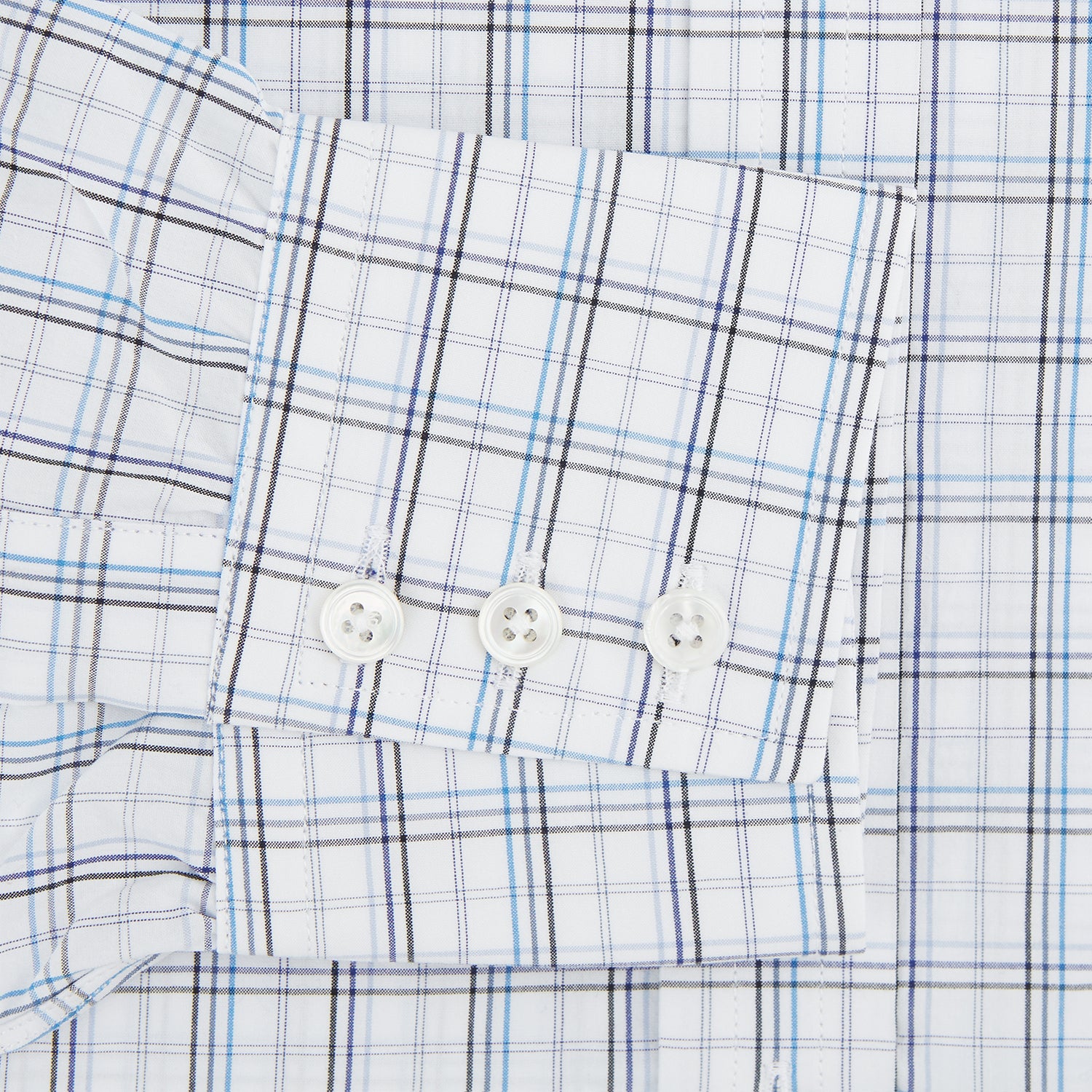 View 3 of product The Turnbull & Asser Purple and Blue Multi Check Mayfair Shirt features long sleeves, a button-up front, and a classic T&A collar, with blue and light gray checks on white, displayed flat against a plain white background.
