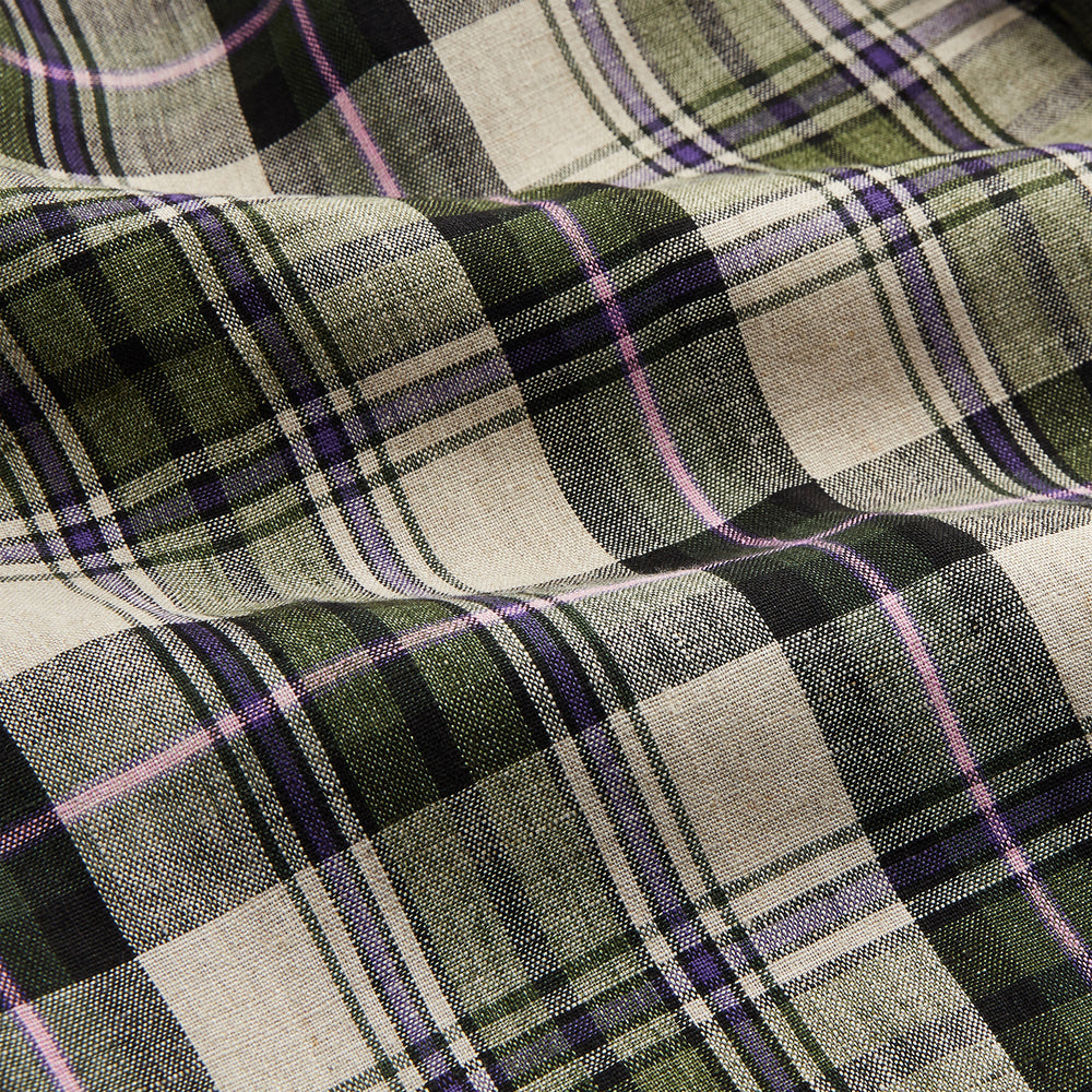 Turnbull & Asser Green & Purple Check Weekend Fit Linen Shirt with Dorset collar and 1-button cuffs, shown flat on a white background.