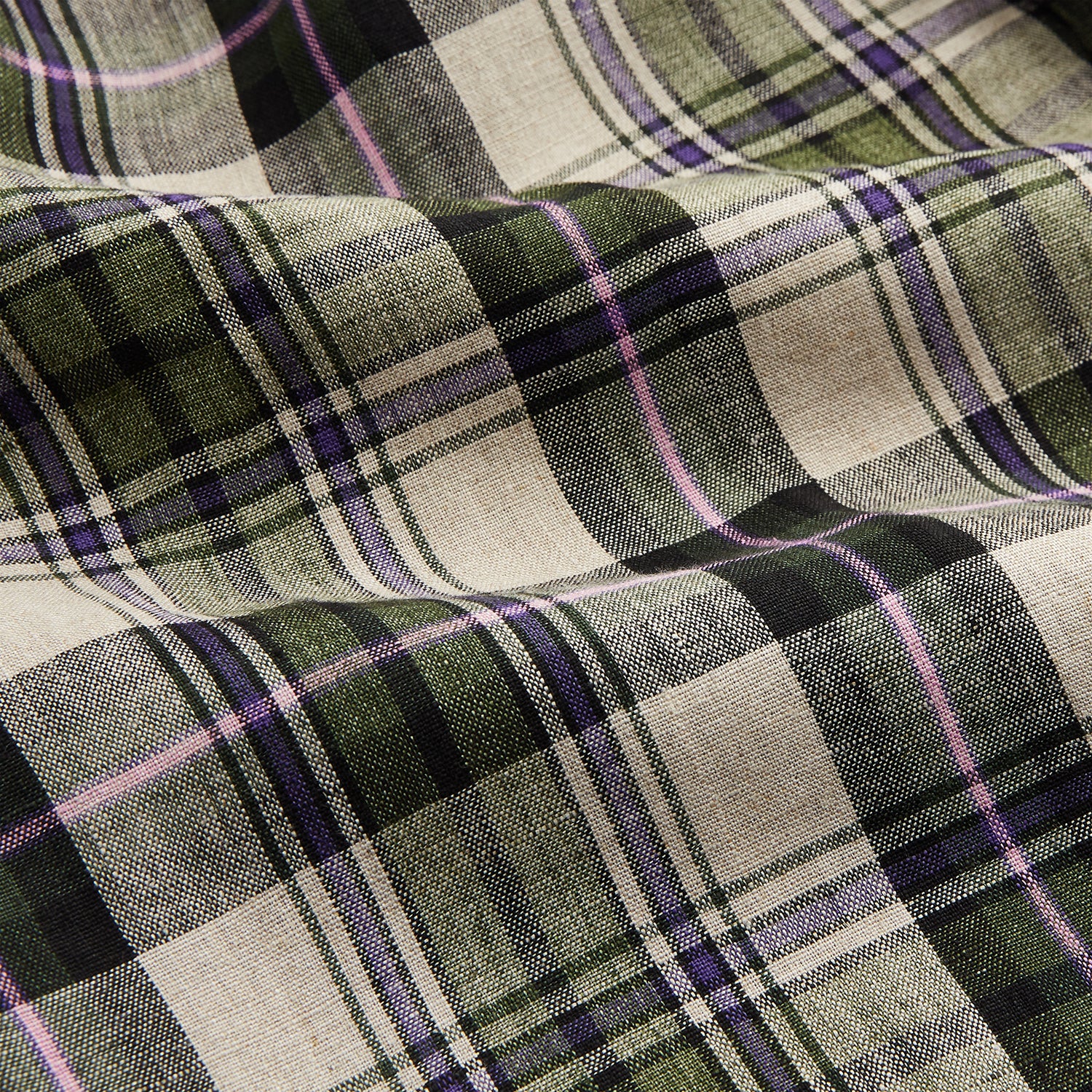 View 5 of product Turnbull & Asser Green & Purple Check Weekend Fit Linen Shirt with Dorset collar and 1-button cuffs, shown flat on a white background.