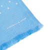 View 2 of product The Turnbull & Asser Azure and White Spotted Silk Scarf features small white polka dots, subtle fringe at the ends, and a delicate hand-printed design, displayed on a plain white background.