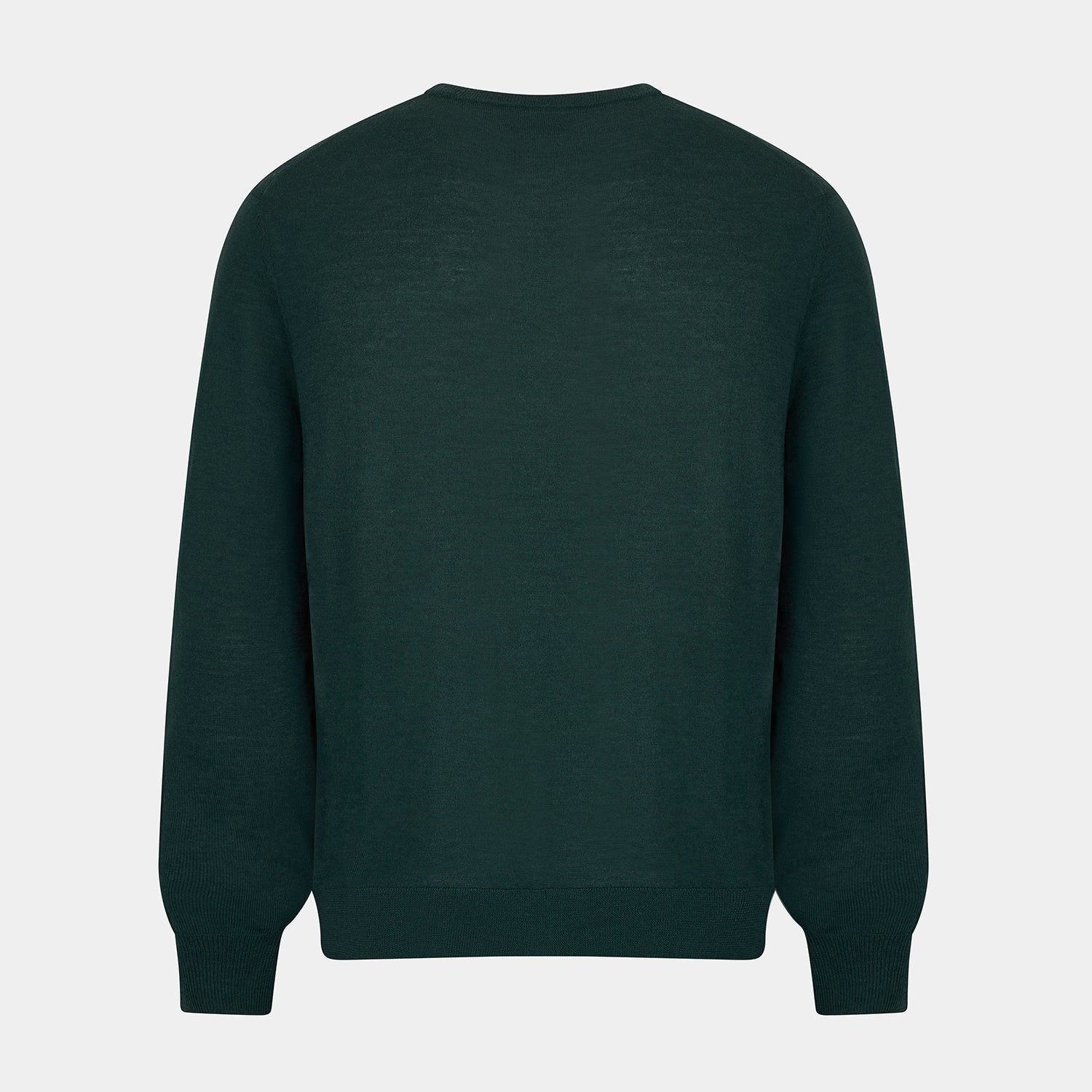 View 3 of product The Turnbull & Asser Forest Green Fine Merino Round Neck Jumper for men is shown on a light gray background. This knitwear features a classic design with ribbed cuffs, hem, and neckline.