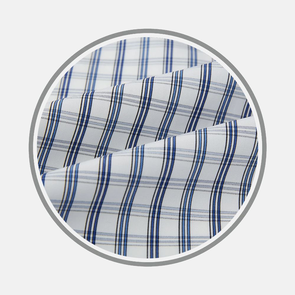 Close-up of Coffee and Grey Shadow Pinstripe Fabric by Turnbull & Asser, featuring blue and gray plaid with evenly spaced vertical and horizontal lines, displayed inside a circular frame on a light background.