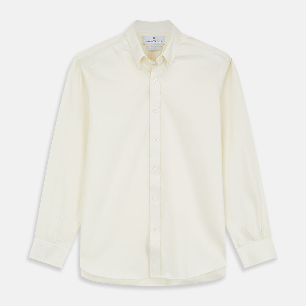 The Turnbull & Asser Cream Weekend Fit Hayne Shirt features a Dorset collar and 1-button cuffs, displayed long-sleeved and laid flat on a white background.
