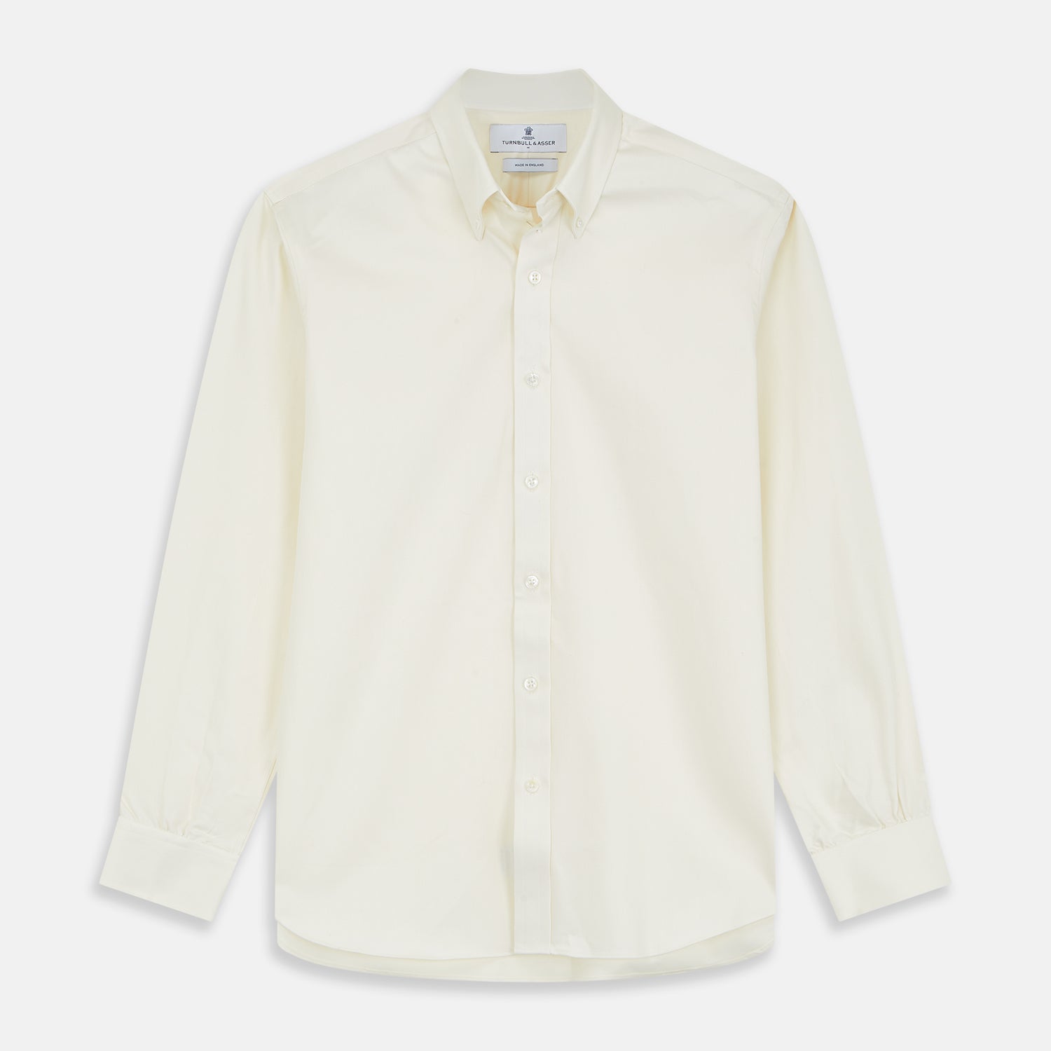 View 1 of product The Turnbull & Asser Cream Weekend Fit Hayne Shirt features a Dorset collar and 1-button cuffs, displayed long-sleeved and laid flat on a white background.