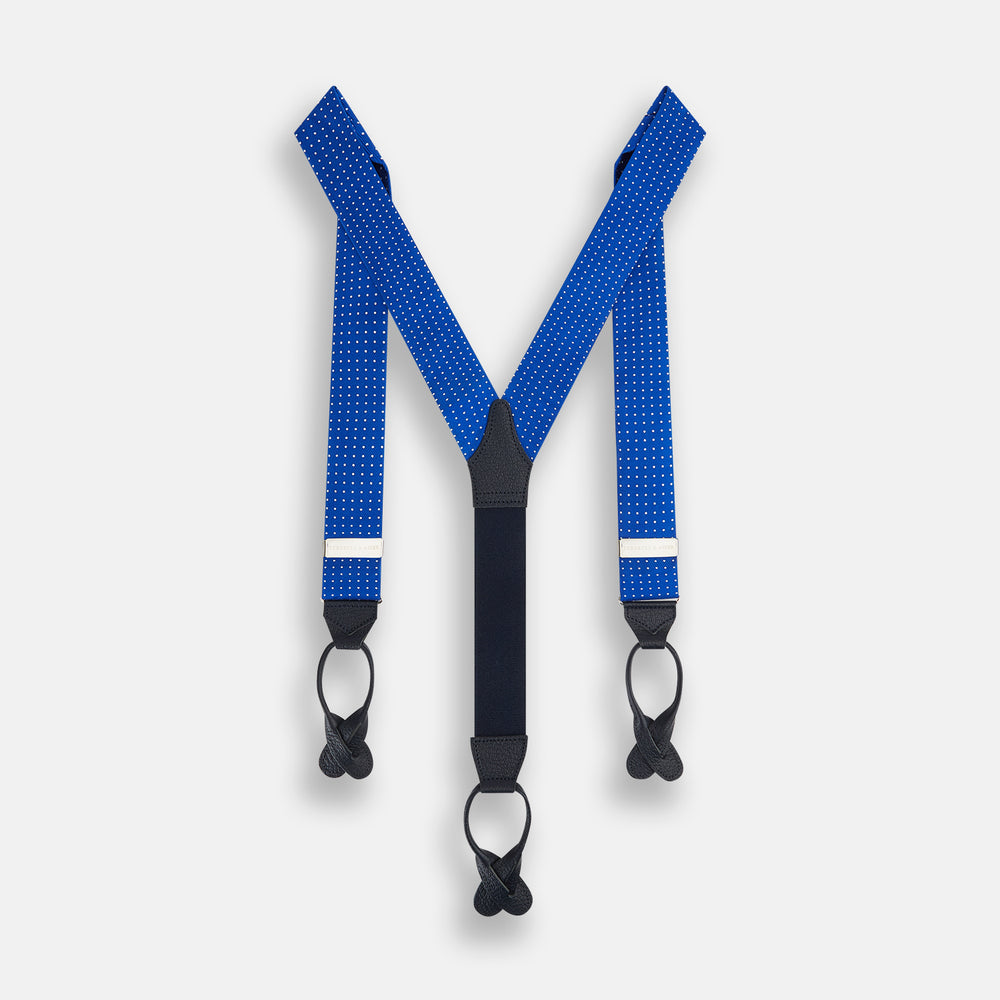 Turnbull & Asser Pale Blue & White Small Spot Adjustable Silk and Navy Leather Braces, arranged in an M shape on a white background—a stylish, refined accessory for any formal wardrobe.