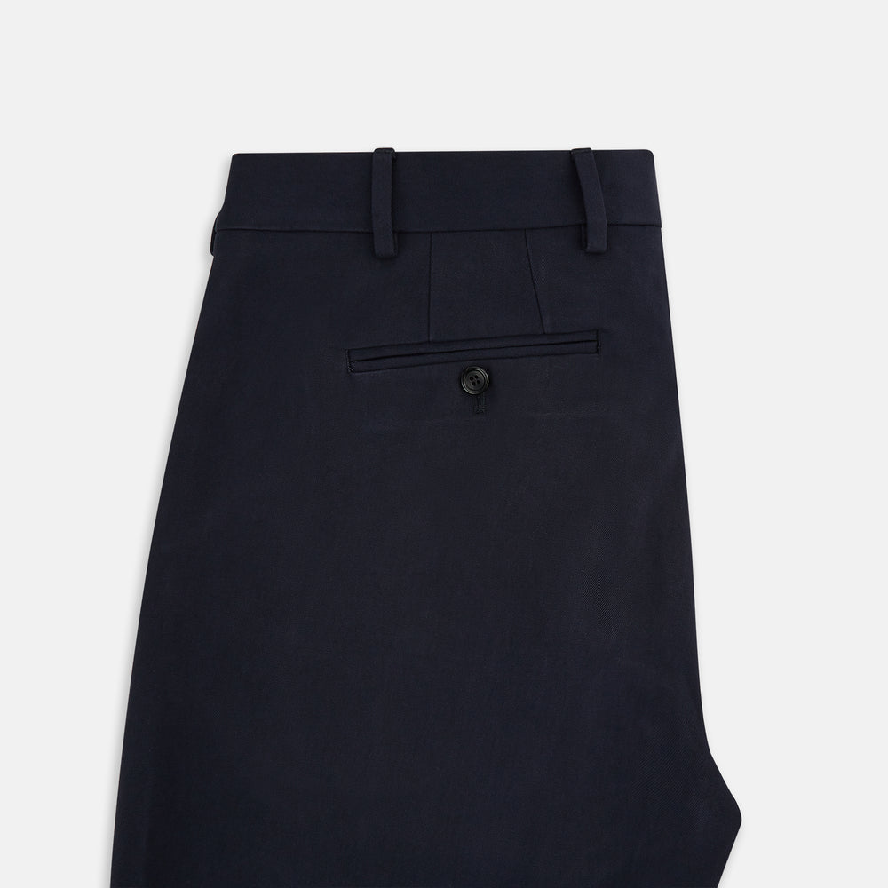 A pair of Navy Henry B Trousers by Turnbull & Asser, crafted from fine Italian cotton with belt loops, a flat front, and straight-leg design, displayed against a plain white background.
