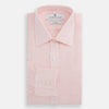 View 5 of product The Turnbull & Asser Pink Linen Shirt features a T&A collar, 3-button cuffs, and classic white buttons. This long-sleeved summer staple is shown on a plain white background.