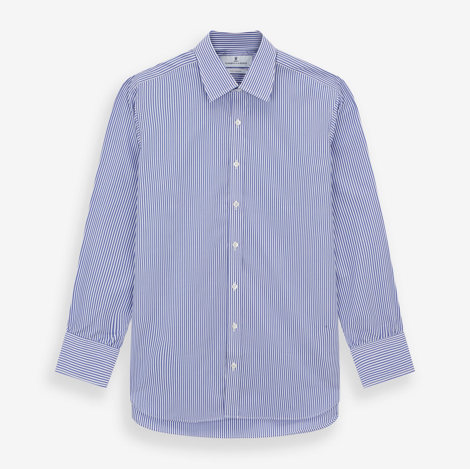 View 1 of product The Turnbull & Asser Blue Bengal Stripe Shirt with T&A collar and 3-button cuffs is shown laid flat on a white background.