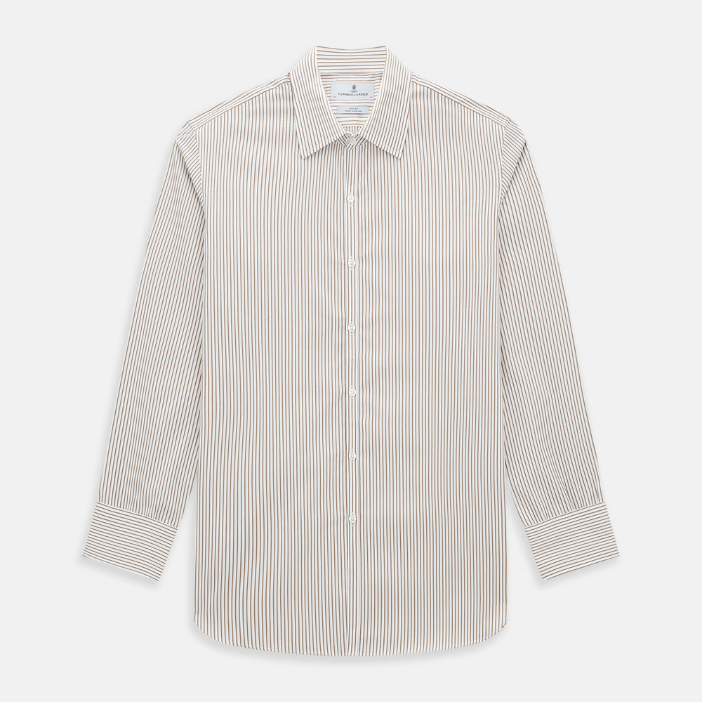 The Turnbull & Asser Coffee Multi Stripe Westminster Shirt features long sleeves, a button-up front, subtle beige and white stripes, a pointed Turnbull collar, and buttoned cuffs—expertly crafted in Britain and shown flat on a white background.