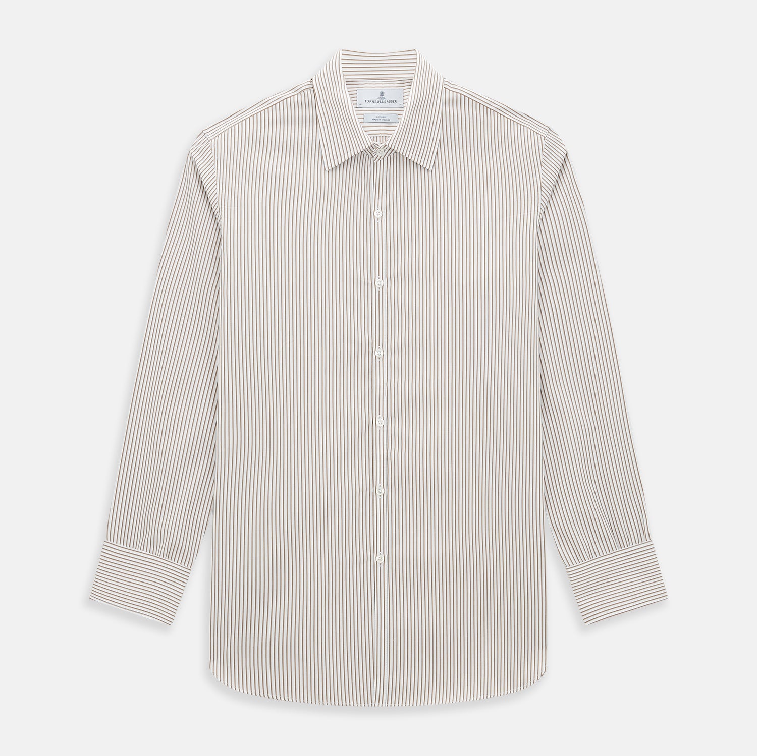 View 1 of product The Turnbull & Asser Coffee Multi Stripe Westminster Shirt features long sleeves, a button-up front, subtle beige and white stripes, a pointed Turnbull collar, and buttoned cuffs—expertly crafted in Britain and shown flat on a white background.
