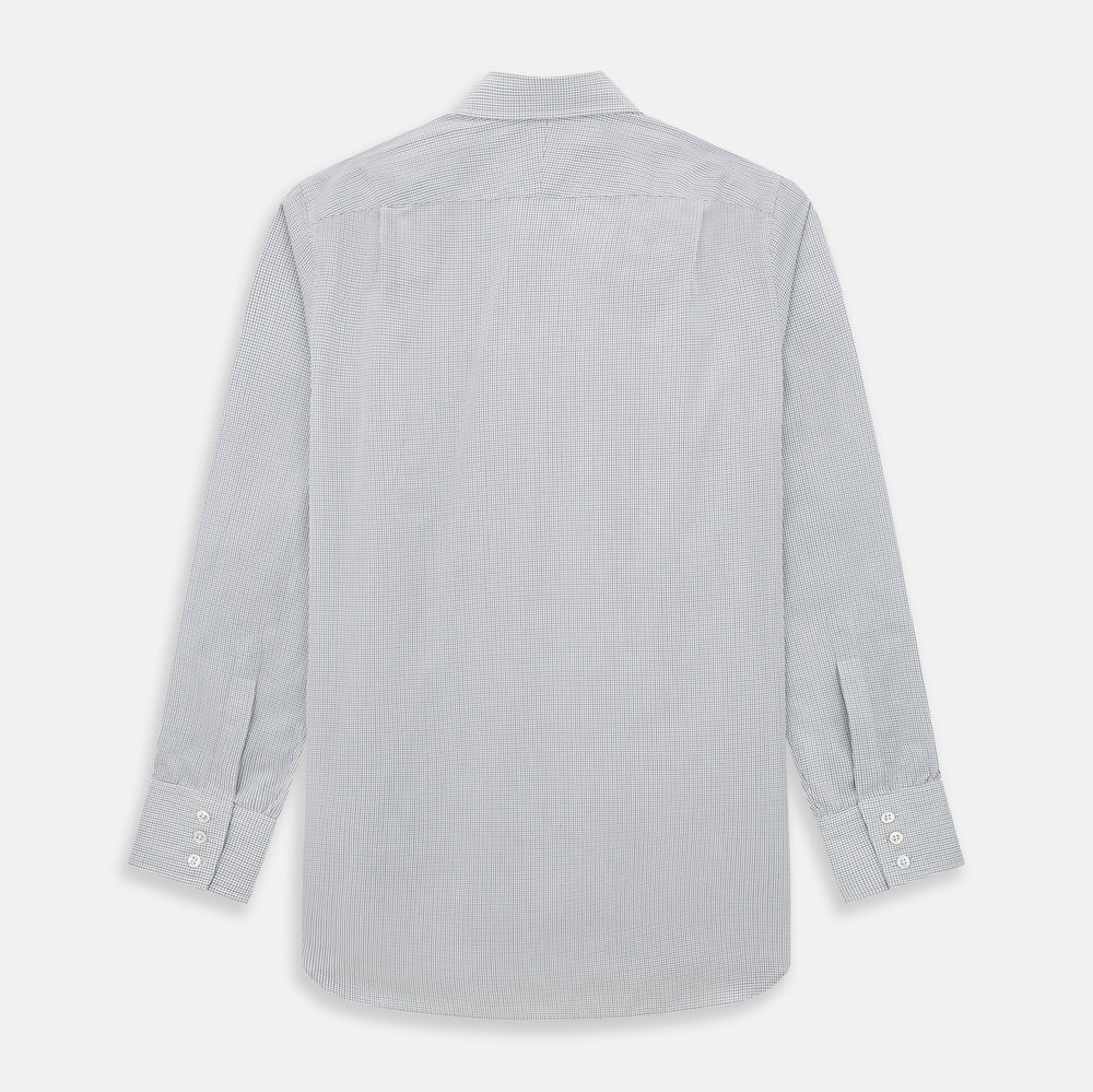 A tailored-fit Turnbull & Asser Mayfair Shirt in midnight blue with a grid check pattern, spread collar, and buttoned cuffs, crafted from premium Italian cotton and laid flat on a white background.