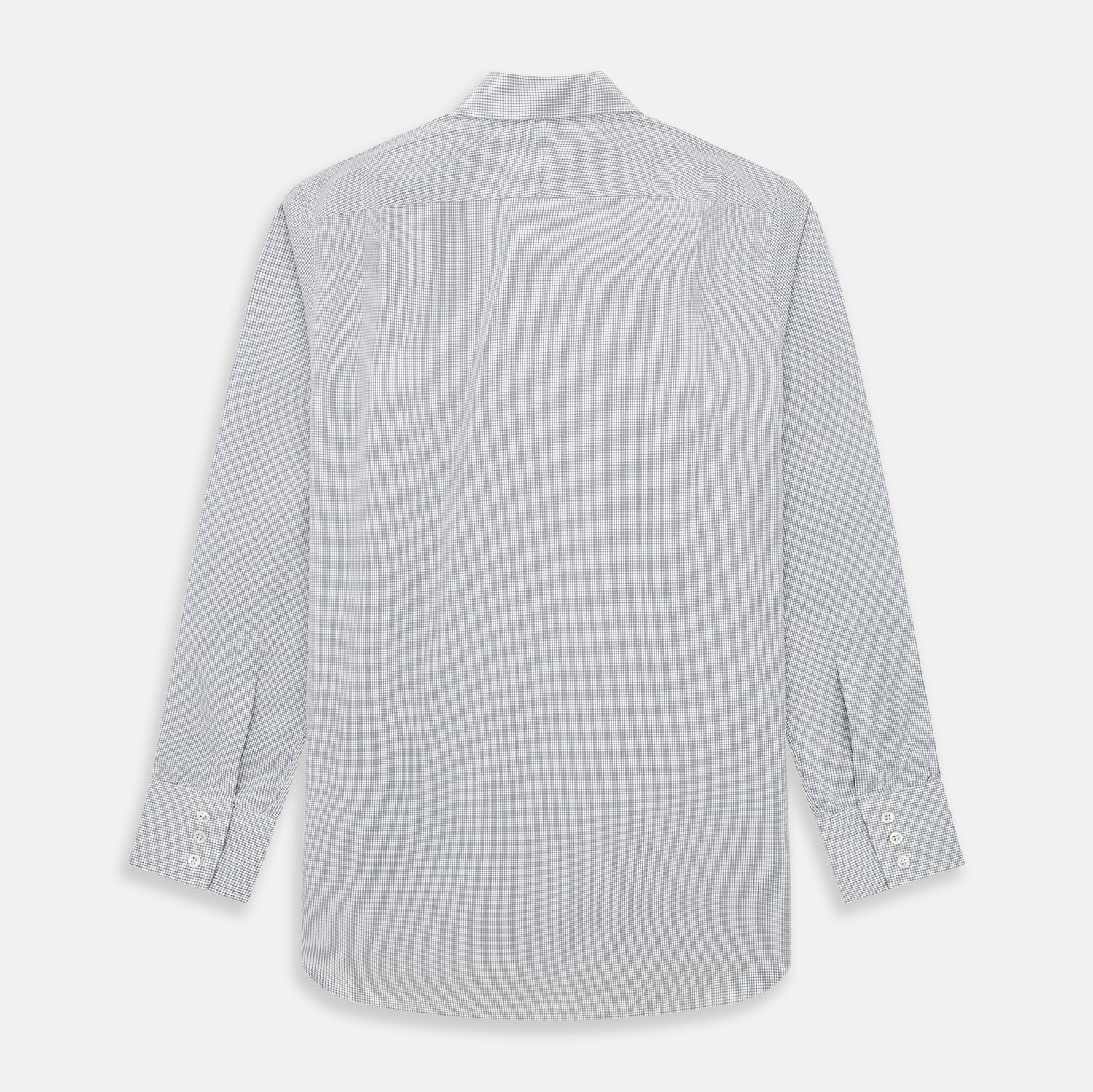 View 3 of product A tailored-fit Turnbull & Asser Mayfair Shirt in midnight blue with a grid check pattern, spread collar, and buttoned cuffs, crafted from premium Italian cotton and laid flat on a white background.