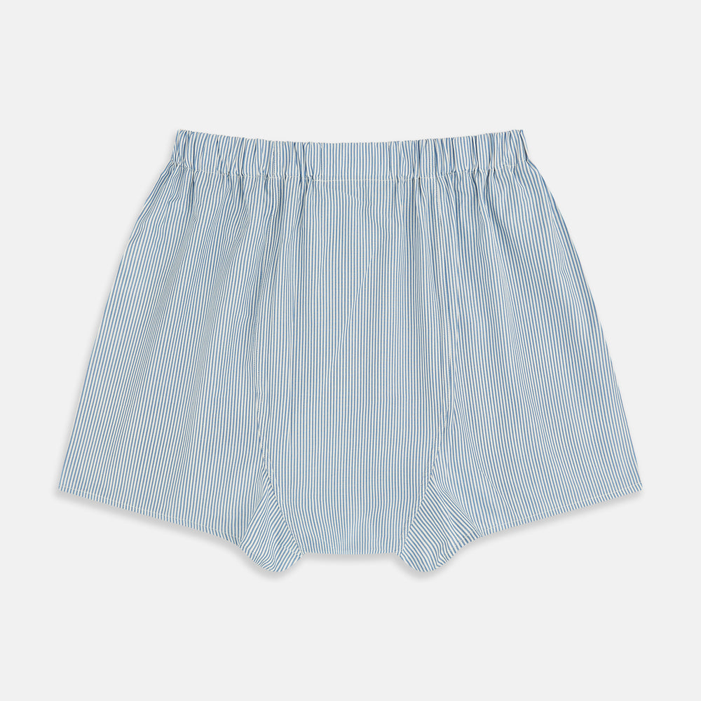 Turnbull & Asser Blue Bengal Stripe Godfrey Boxer Shorts: men's luxury Italian cotton boxers with a light blue and white vertical stripe and elastic waistband, shown flat on a white background.