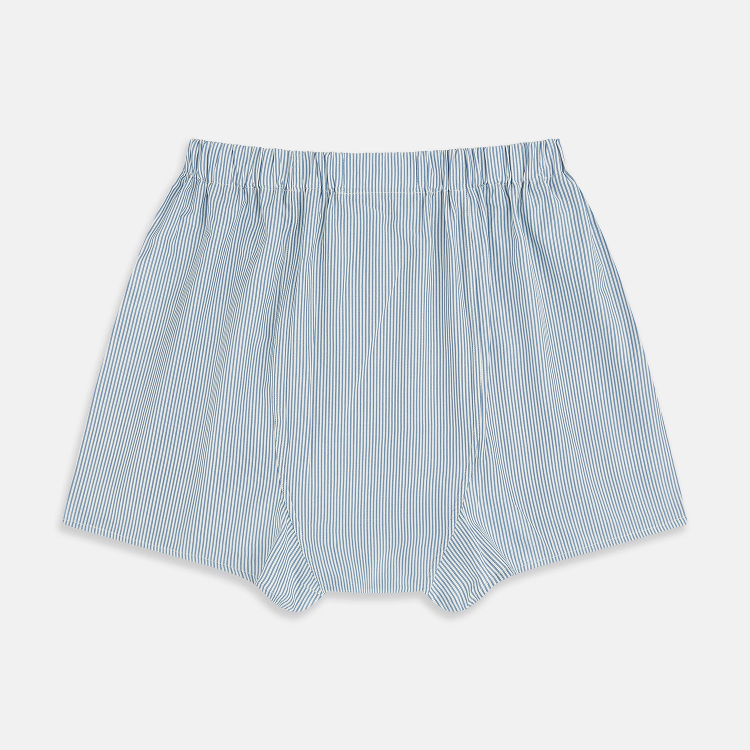 View 2 of product Turnbull & Asser Blue Bengal Stripe Godfrey Boxer Shorts: men's luxury Italian cotton boxers with a light blue and white vertical stripe and elastic waistband, shown flat on a white background.