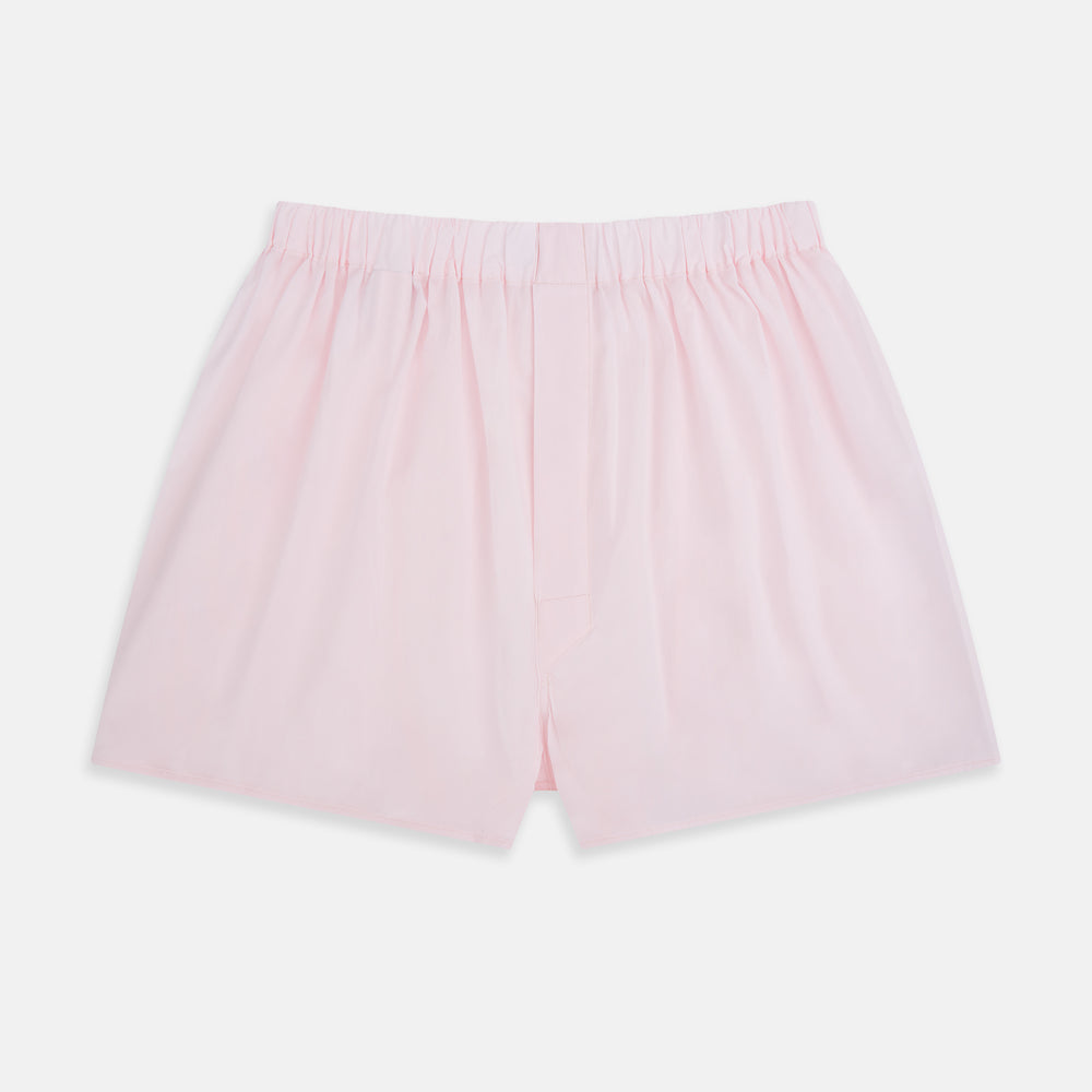 Plain Blush Godfrey Boxer Shorts by Turnbull & Asser, crafted from soft Italian cotton with an elastic waistband, knee-length, shown flat on a white background.