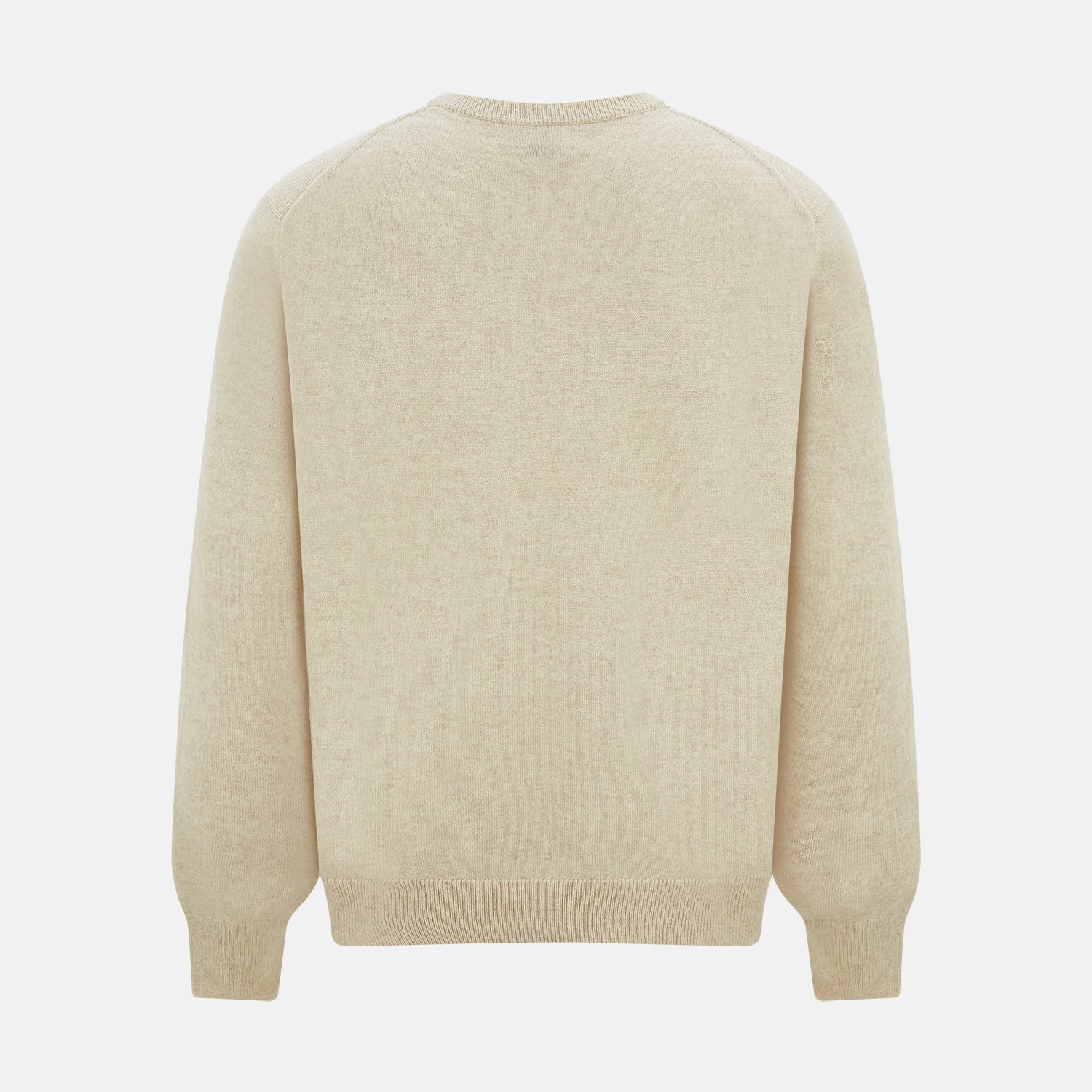 View 3 of product The Turnbull & Asser Cream Cashmere Round Neck Jumper features long sleeves, ribbed cuffs, and a ribbed hem—a versatile men’s knitwear staple, shown against a white background.