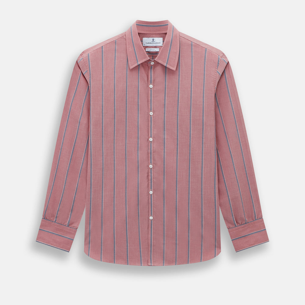 The Turnbull & Asser Red Track Stripe Westminster Shirt features British craftsmanship, a collar, pink base with vertical blue and white stripes, white buttons, and a pocket-free front for refined appeal.