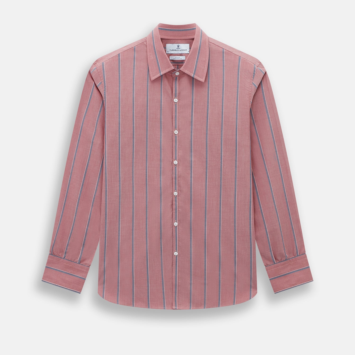 View 1 of product The Turnbull & Asser Red Track Stripe Westminster Shirt features British craftsmanship, a collar, pink base with vertical blue and white stripes, white buttons, and a pocket-free front for refined appeal.