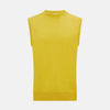 View 1 of product The Turnbull & Asser Canary Yellow Cashmere Round Neck Vest is a sleeveless jumper featuring ribbed collar, hem, and armholes, shown against a plain white background.