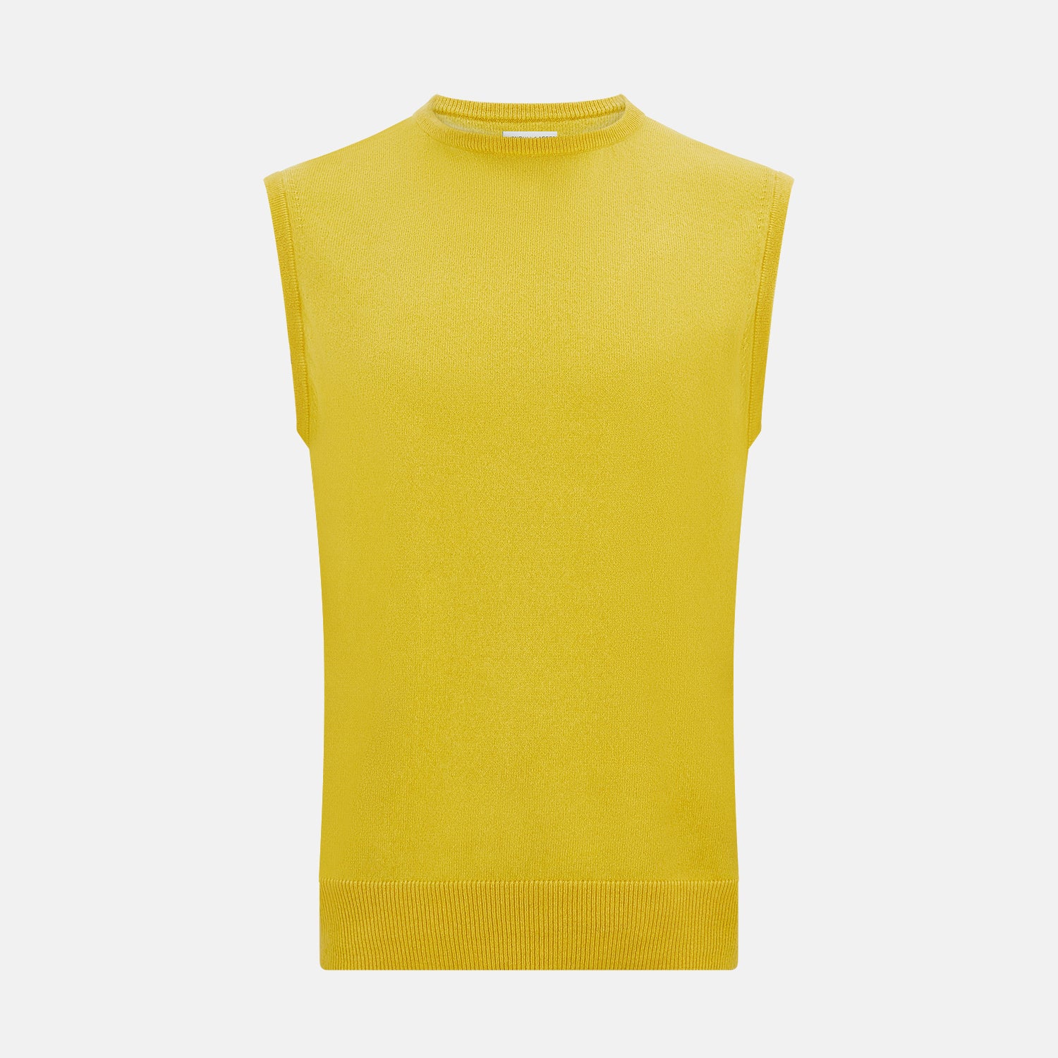 View 1 of product The Turnbull & Asser Canary Yellow Cashmere Round Neck Vest is a sleeveless jumper featuring ribbed collar, hem, and armholes, shown against a plain white background.