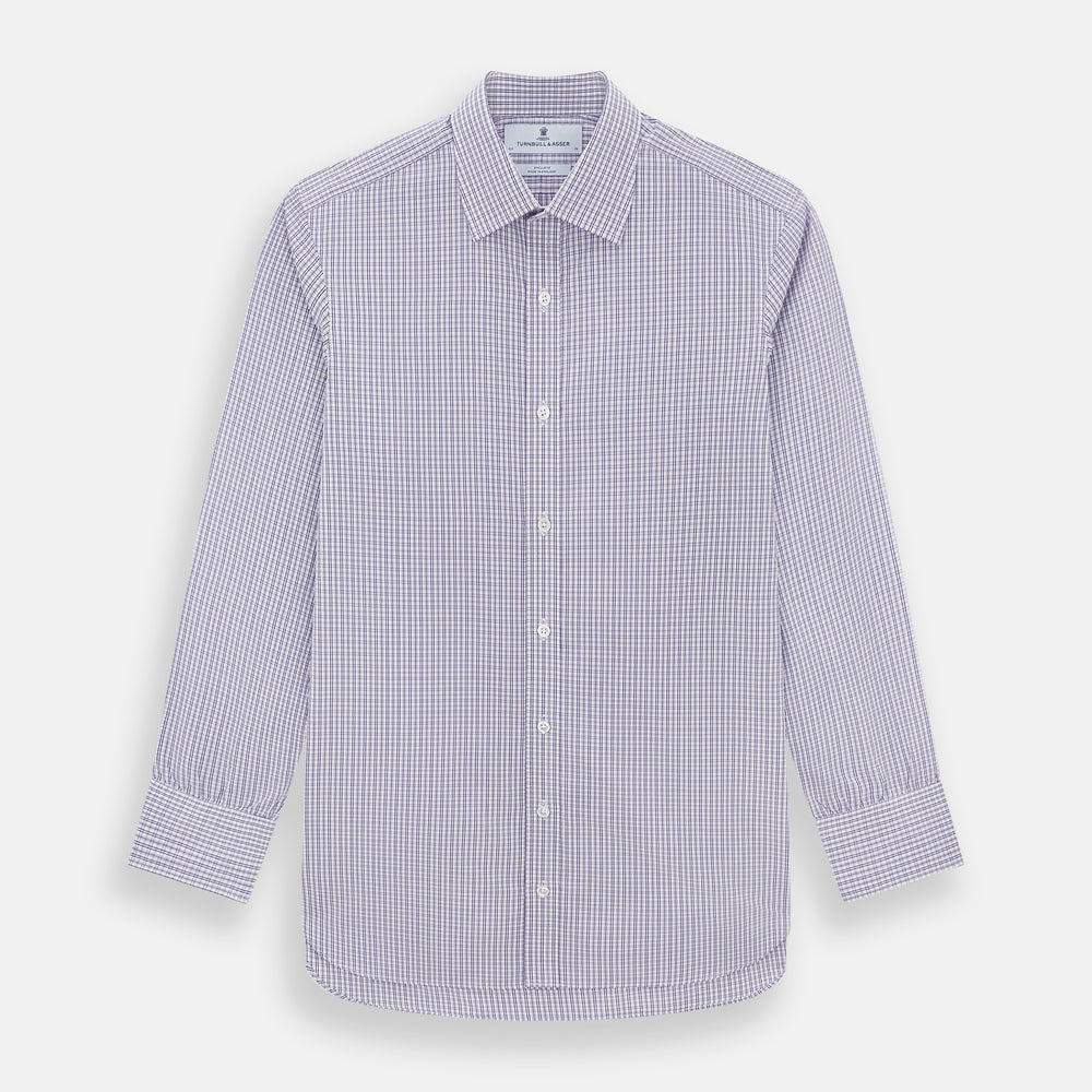 The Turnbull & Asser Purple Double Graph Check Mayfair Shirt is a long-sleeved, button-up dress shirt with a T&A collar and small blue and white check pattern, shown against a white background.