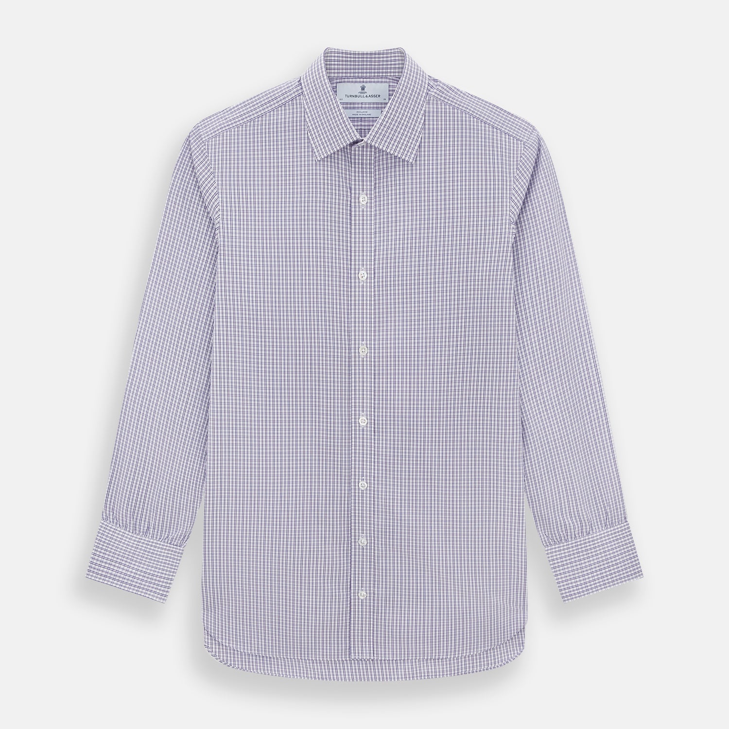 View 1 of product The Turnbull & Asser Purple Double Graph Check Mayfair Shirt is a long-sleeved, button-up dress shirt with a T&A collar and small blue and white check pattern, shown against a white background.