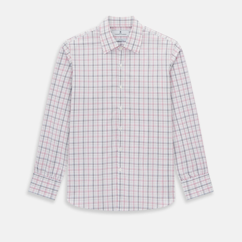 The Purple and Blue Multi Check Westminster Shirt by Turnbull & Asser features a refined plaid pattern, long sleeves, and button-up design—displayed flat to showcase hallmark British craftsmanship.