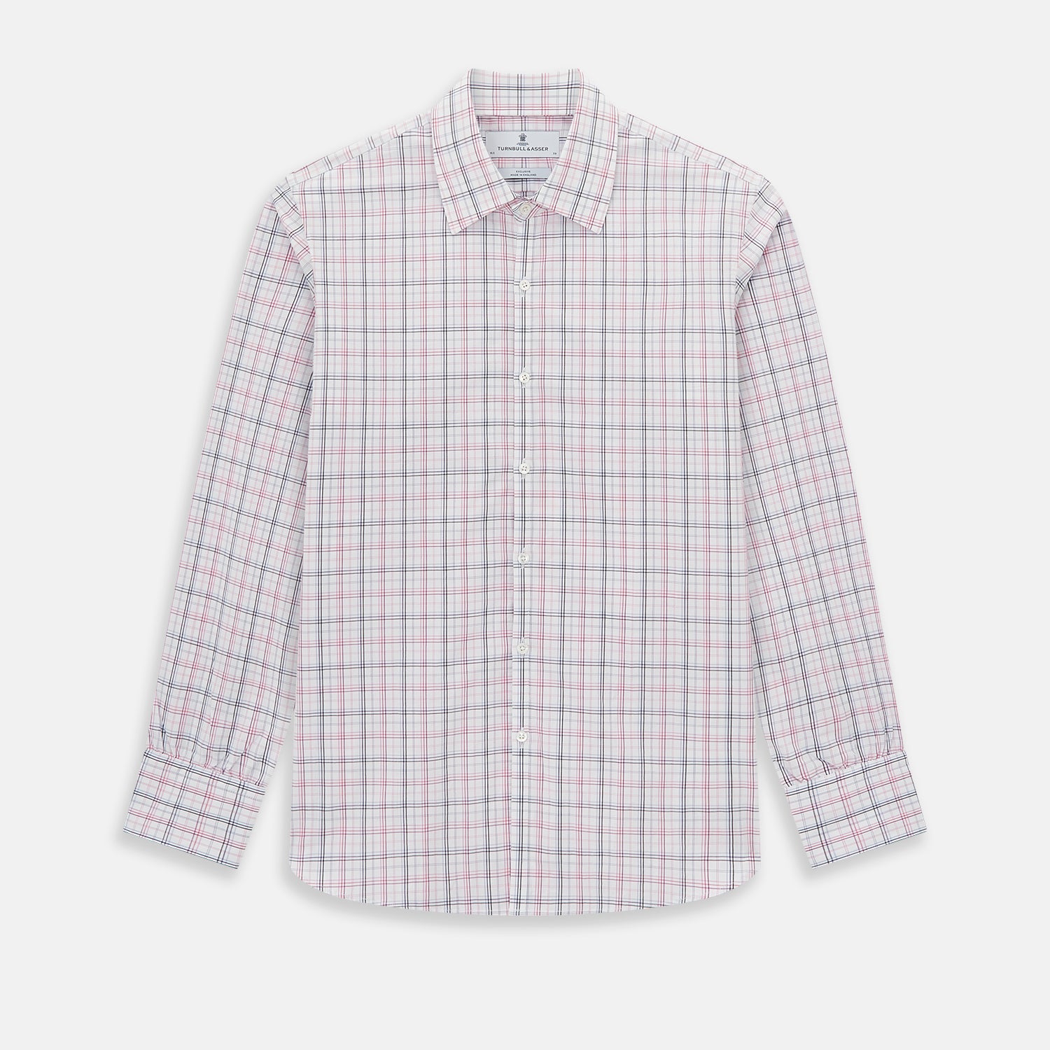 View 1 of product The Purple and Blue Multi Check Westminster Shirt by Turnbull & Asser features a refined plaid pattern, long sleeves, and button-up design—displayed flat to showcase hallmark British craftsmanship.