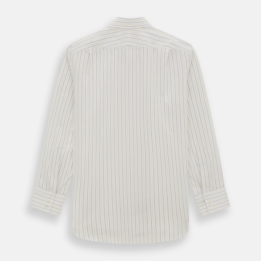The Turnbull & Asser Yellow Double Pinstripe Mayfair Shirt, a long-sleeved, button-up with thin blue and yellow stripes on white, classic T&A collar, and buttoned cuffs, is laid flat on a white surface.
