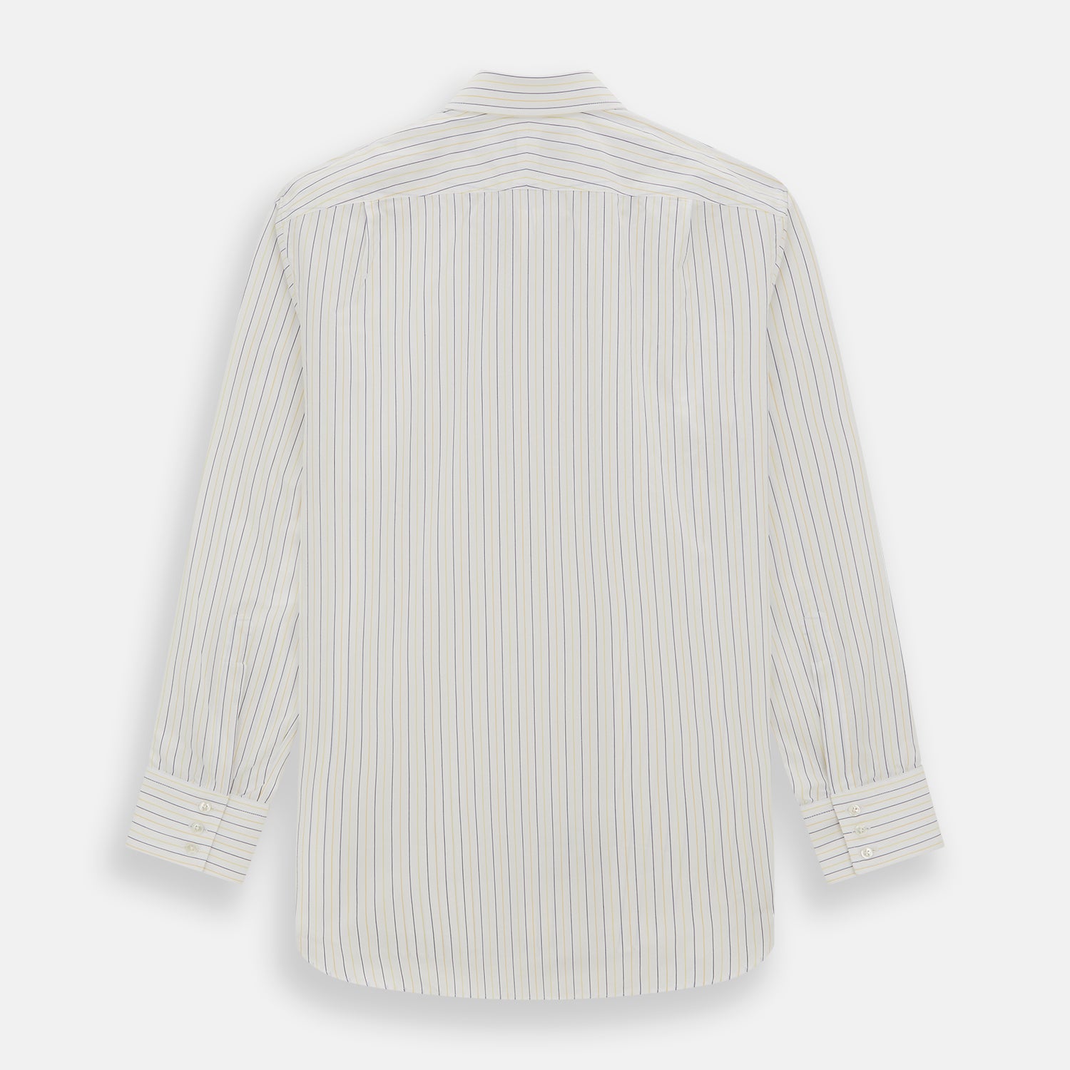 View 5 of product The Turnbull & Asser Yellow Double Pinstripe Mayfair Shirt, a long-sleeved, button-up with thin blue and yellow stripes on white, classic T&A collar, and buttoned cuffs, is laid flat on a white surface.