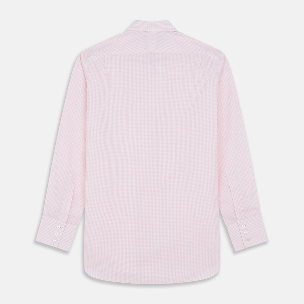 The Pink Windowpane Check Mayfair Shirt by Turnbull & Asser features a light pink, long-sleeve design with subtle windowpane checks, button-down front, and soft organic cotton, shown against a white background.