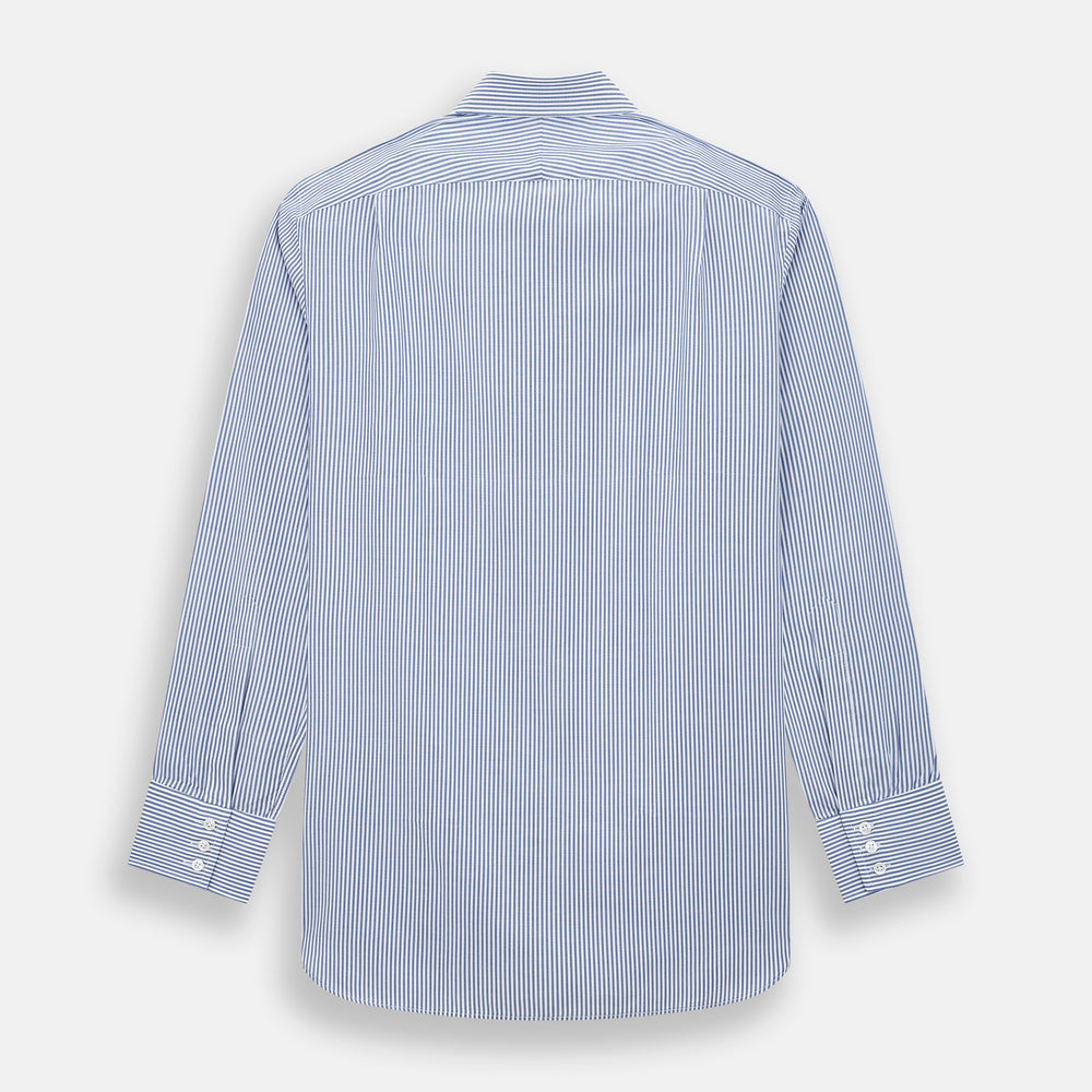 The Turnbull & Asser Navy Bengal Stripe Mayfair Shirt is a long-sleeved, collared formal shirt with blue and white stripes, white buttons, and buttoned cuffs—ideal for classic style enthusiasts. Displayed on a plain white background.