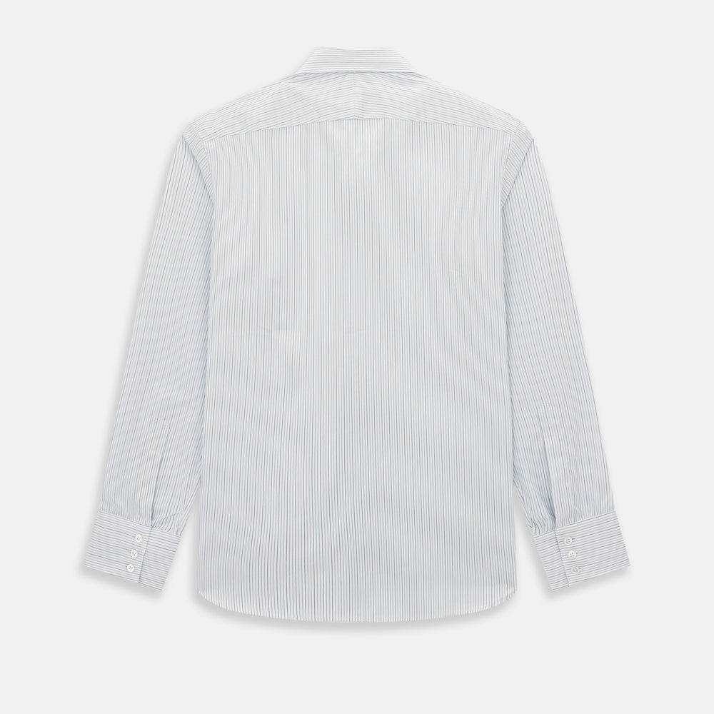 The Turnbull & Asser Pale Blue and Navy Pinstripe Westminster Shirt features long sleeves, a classic collar, and buttoned cuffs, highlighting British craftsmanship. The shirt is laid flat on a white background.