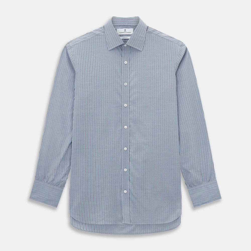 The Steel Grey Ticking Stripe Mayfair Shirt by Turnbull & Asser is a long-sleeved, button-up shirt with a collar, crafted from fine Italian cotton and featuring slim steel grey and white stripes with white buttons for a classic touch.