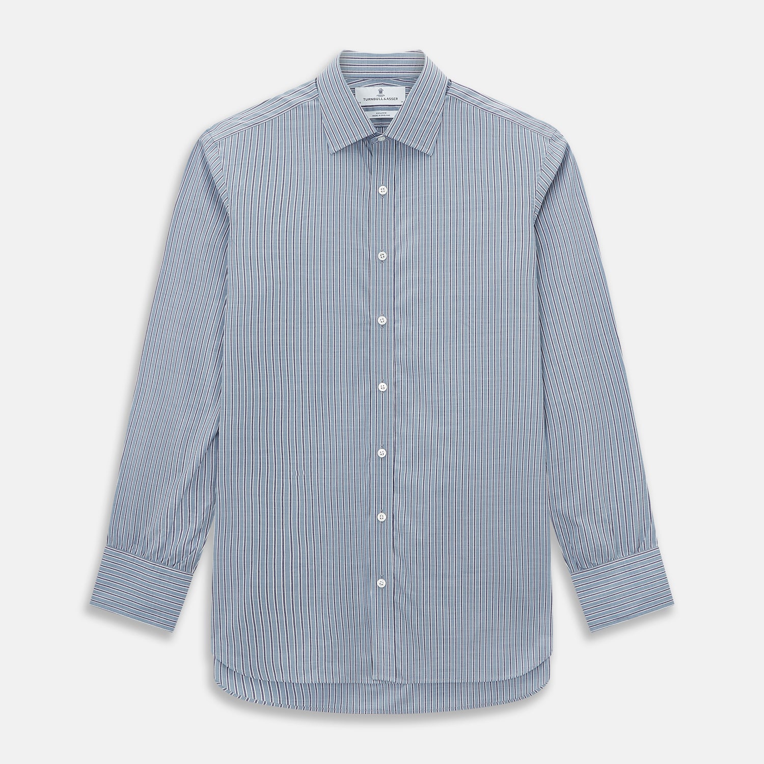 View 1 of product The Steel Grey Ticking Stripe Mayfair Shirt by Turnbull & Asser is a long-sleeved, button-up shirt with a collar, crafted from fine Italian cotton and featuring slim steel grey and white stripes with white buttons for a classic touch.