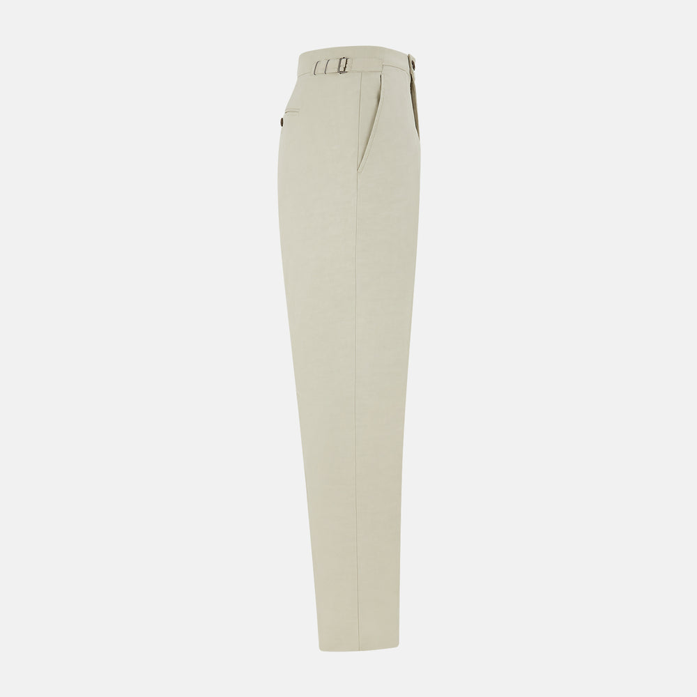 Turnbull & Asser Taupe Cotton Blend Henry Trousers with a straight-leg formal cut, button and zipper closure, belt loops, and side pockets, shown against a plain white background.