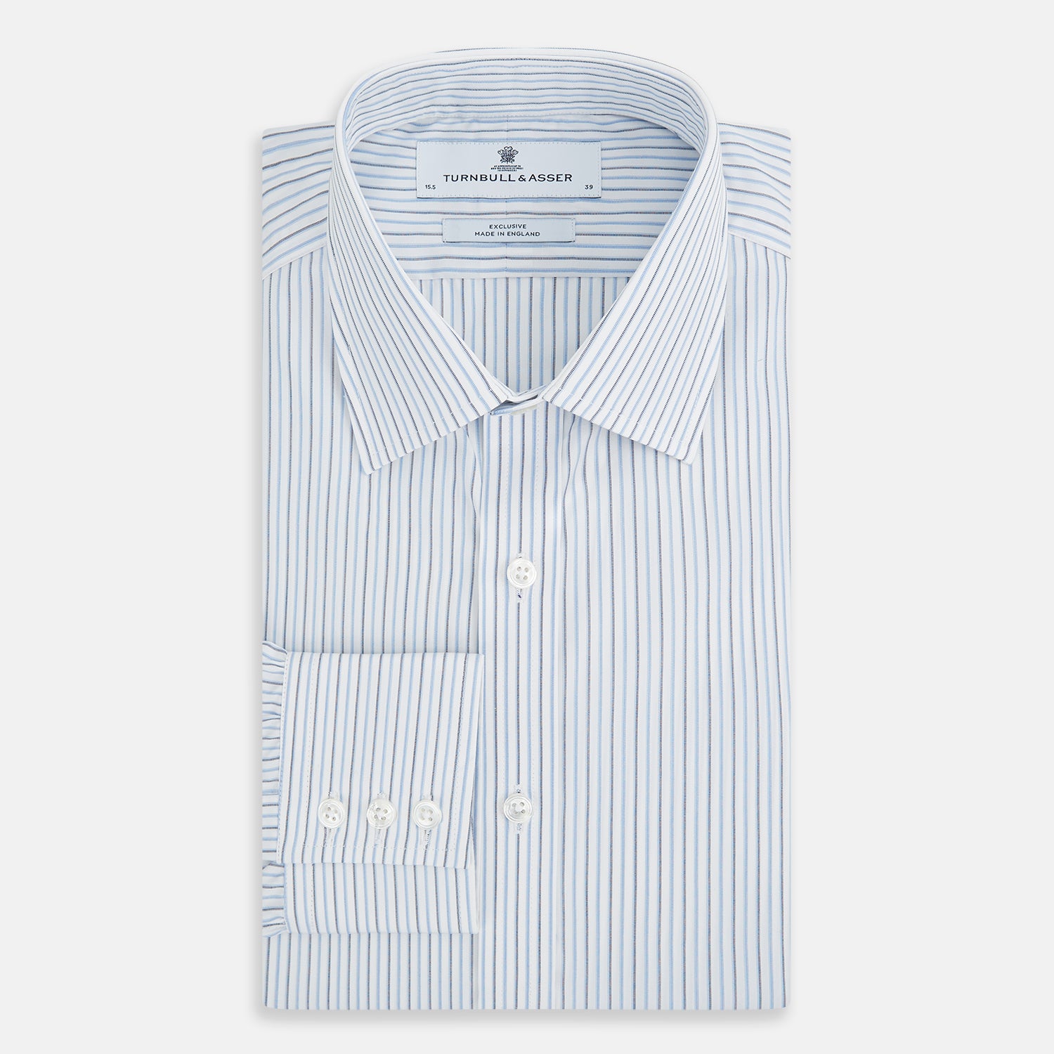 View 5 of product The Turnbull & Asser Navy and Blue Shadow Stripe Mayfair Shirt, featuring a classic T&A collar and buttoned cuffs, is laid flat on a white background.