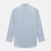View 3 of product The Turnbull & Asser Blue Micro Shadow Check Mayfair Shirt features a long-sleeve, button-up design with a small blue and white check pattern, pointed T&A collar, and classic cuffs.