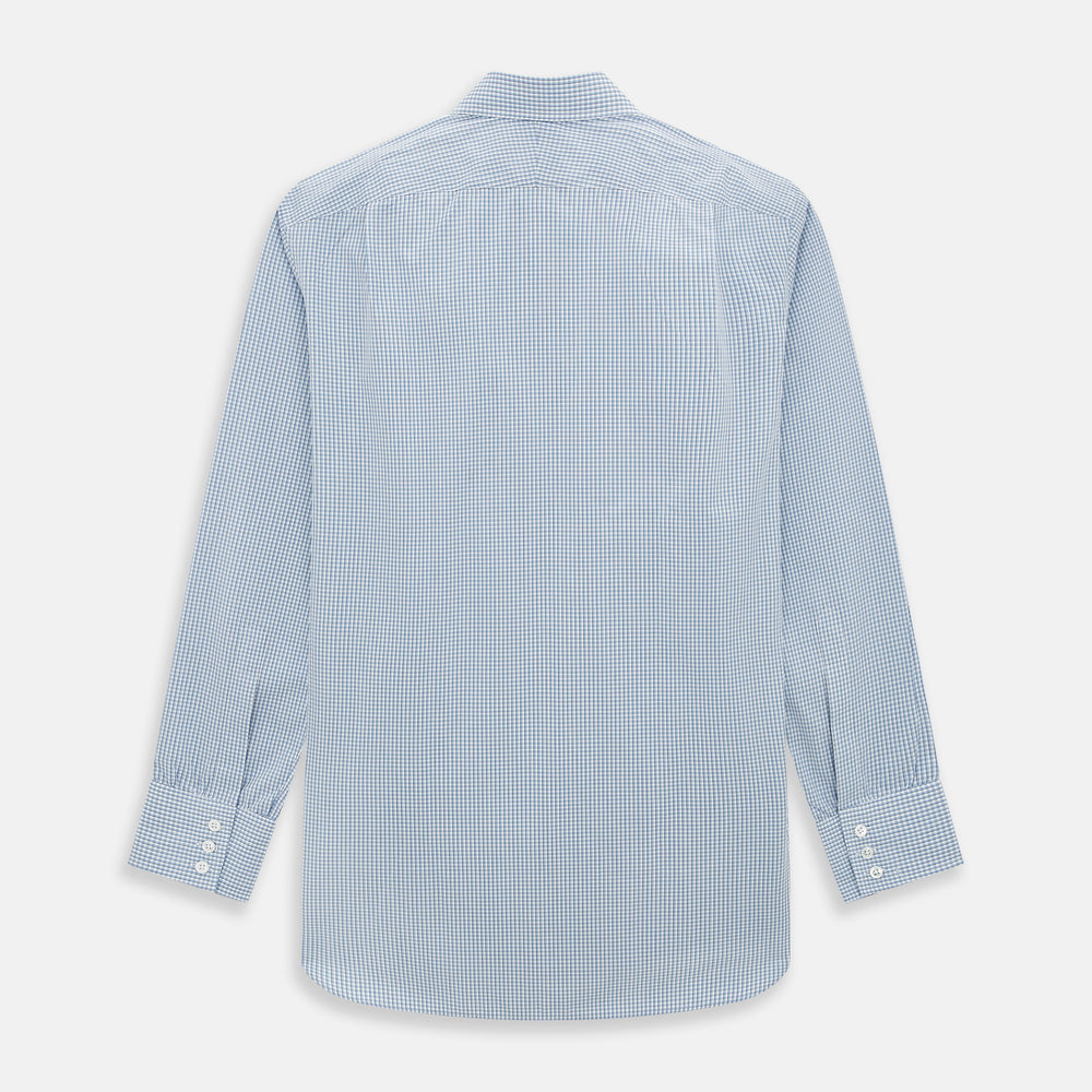 The Turnbull & Asser Blue Micro Shadow Check Mayfair Shirt features a long-sleeve, button-up design with a small blue and white check pattern, pointed T&A collar, and classic cuffs.