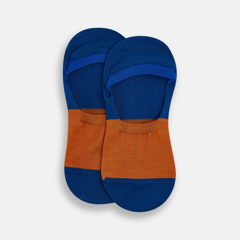 The Turnbull & Asser Royal Blue & Orange No-Show Socks are soft cotton, low-cut socks with a royal blue heel and toe, orange midsection, and blue lining, shown on a plain white background.