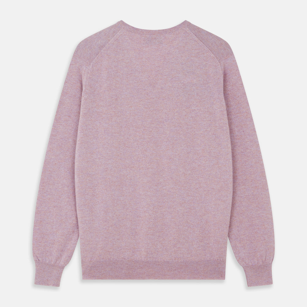 The Turnbull & Asser Lilac Heather Paden Cashmere V-Neck Jumper is laid flat on a white background, showcasing its light purple hue, ribbed cuffs and hem, long sleeves, and soft heathered texture.
