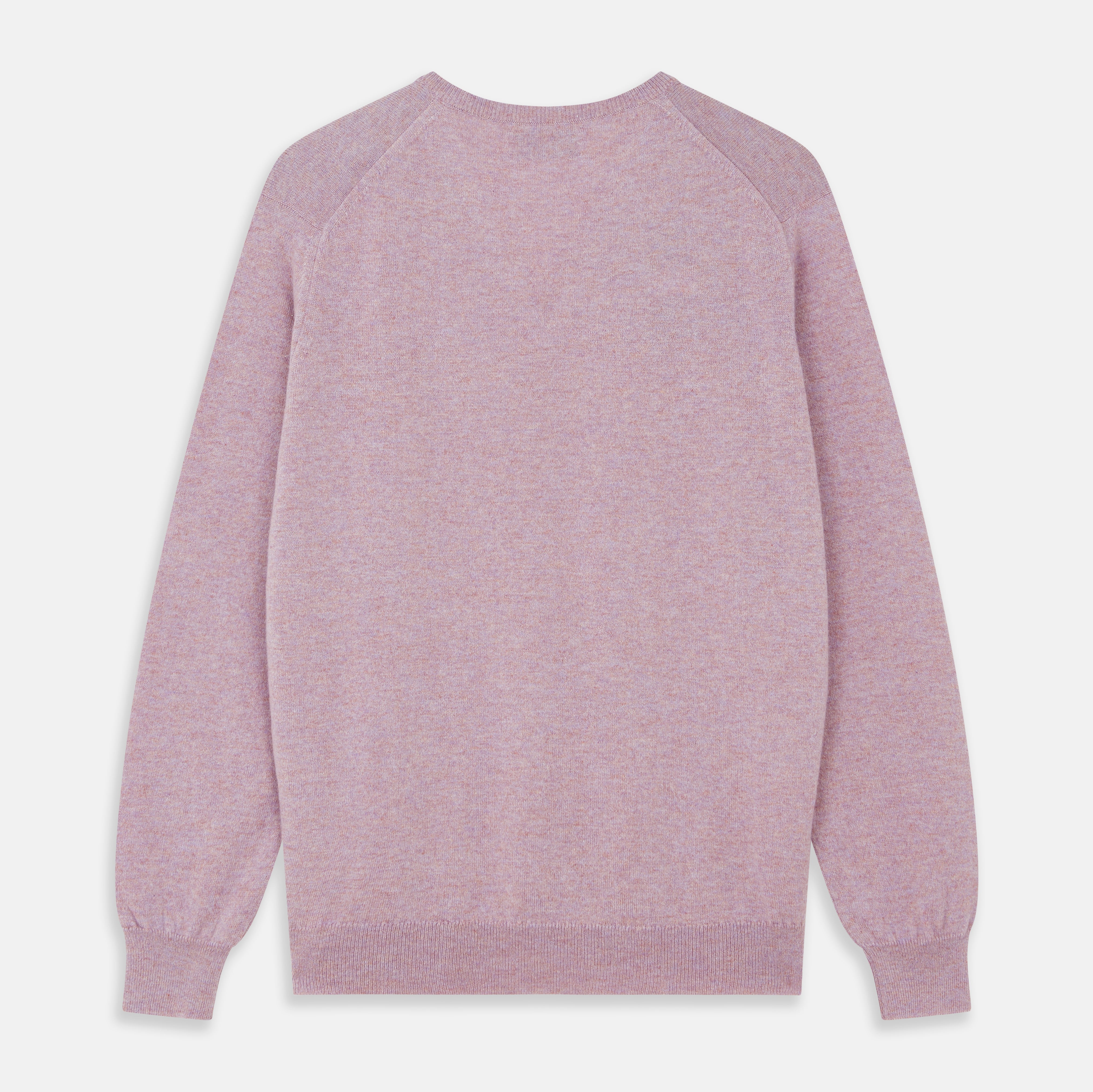 View 3 of product The Turnbull & Asser Lilac Heather Paden Cashmere V-Neck Jumper is laid flat on a white background, showcasing its light purple hue, ribbed cuffs and hem, long sleeves, and soft heathered texture.