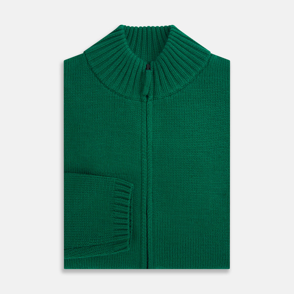 The Turnbull & Asser Forest Green Merino High Neck Zipped Cardigan features a ribbed collar, cuffs, and hem for classic style—this vibrant knitwear essential is shown against a white background.