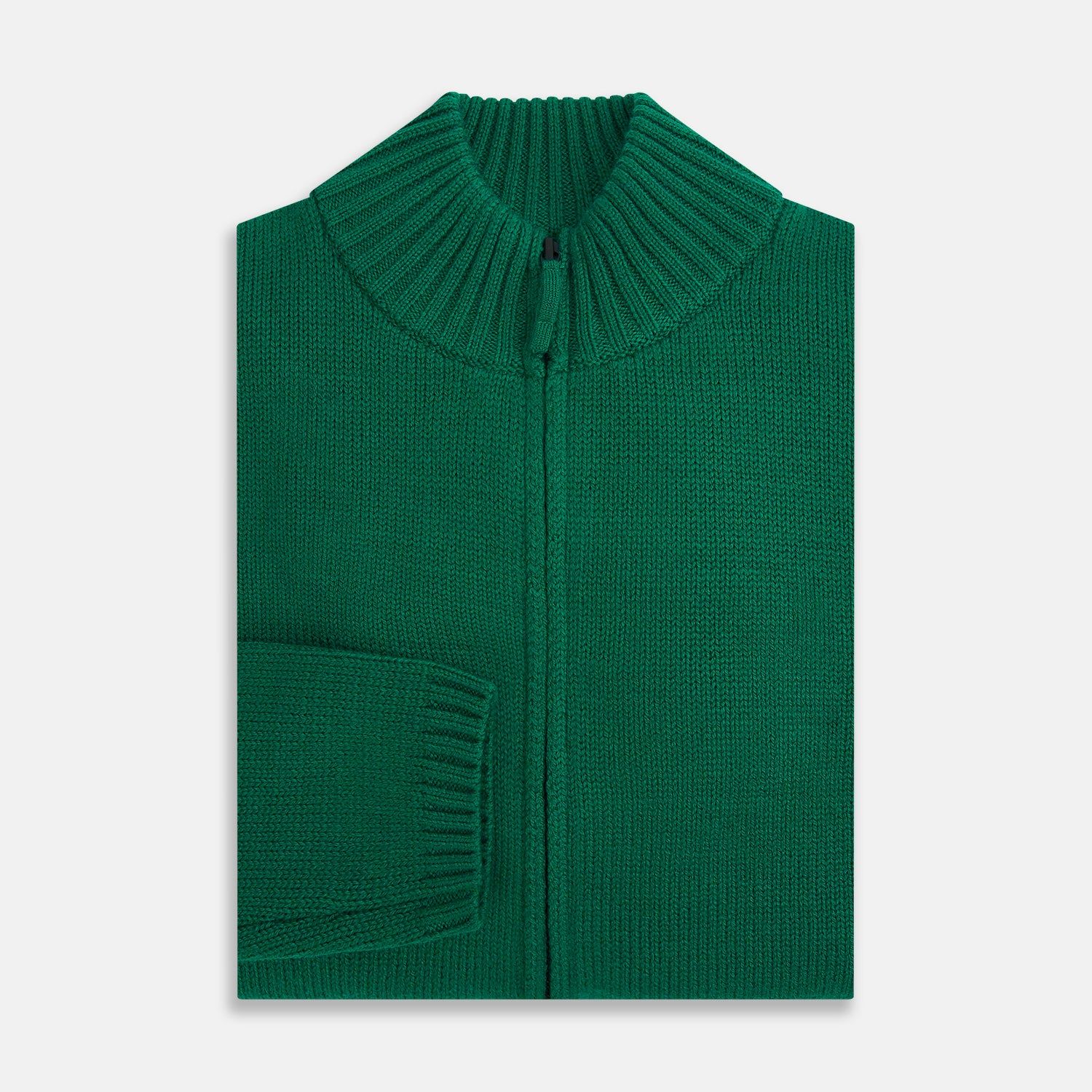 View 4 of product The Turnbull & Asser Forest Green Merino High Neck Zipped Cardigan features a ribbed collar, cuffs, and hem for classic style—this vibrant knitwear essential is shown against a white background.