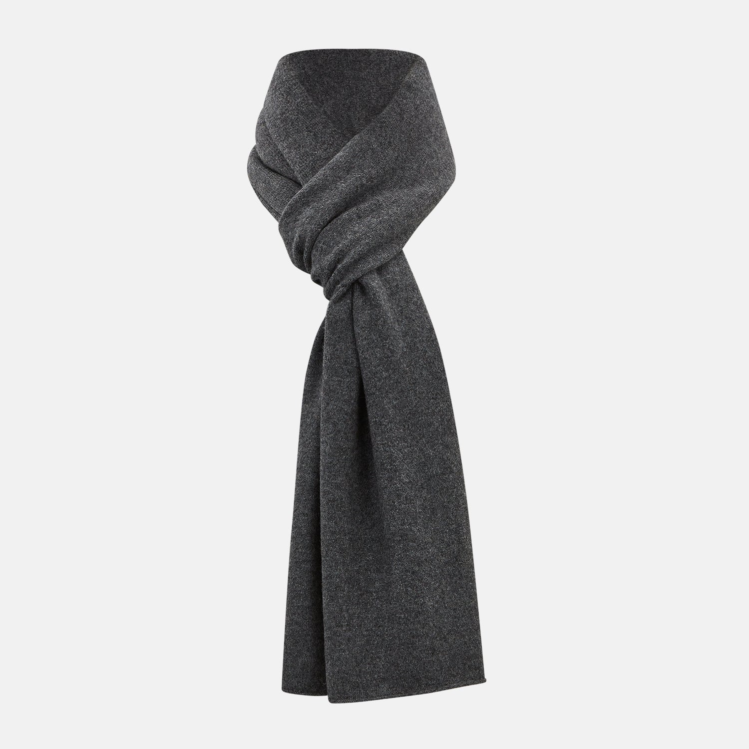 View 1 of product The Turnbull & Asser Plain Graphite Cashmere Knitted Scarf, draped and loosely knotted on a white background, showcases the refined elegance and timeless style of a luxury accessory.