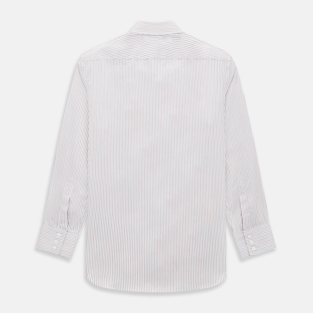 The Turnbull & Asser Red and Blue Double Stripe Westminster Shirt is a long-sleeved, button-up dress shirt with a formal collar, featuring narrow red and blue stripes on white, shown against a plain white background.