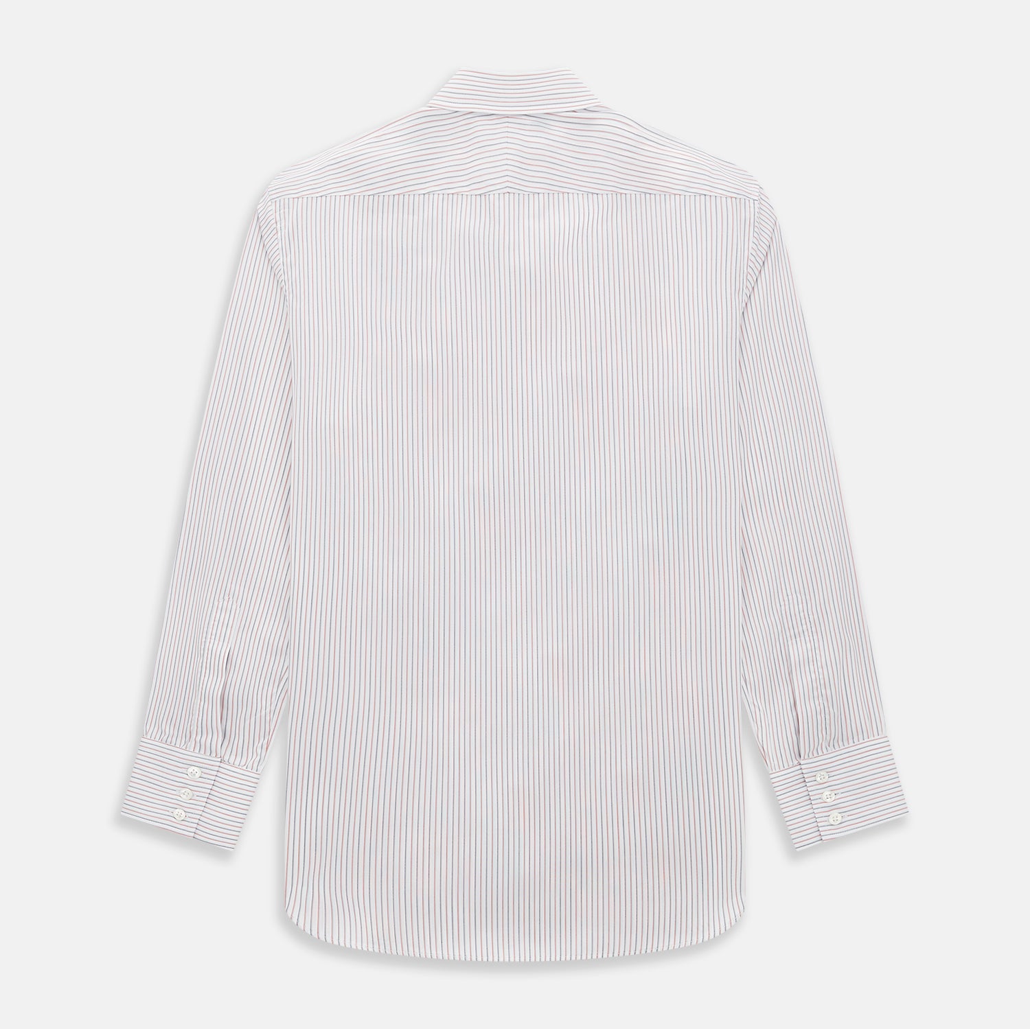 View 3 of product The Turnbull & Asser Red and Blue Double Stripe Westminster Shirt is a long-sleeved, button-up dress shirt with a formal collar, featuring narrow red and blue stripes on white, shown against a plain white background.